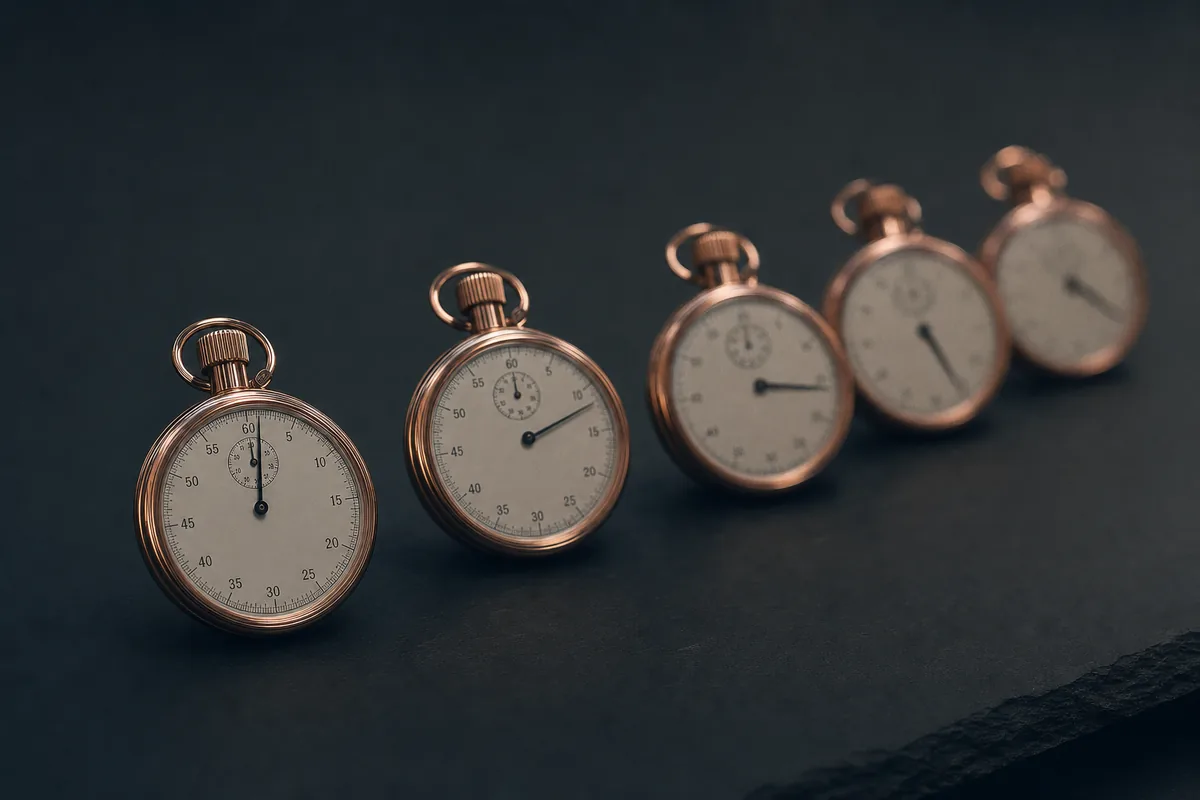 Five stopwatches in a row on a dark surface, each hand stopped at a different point