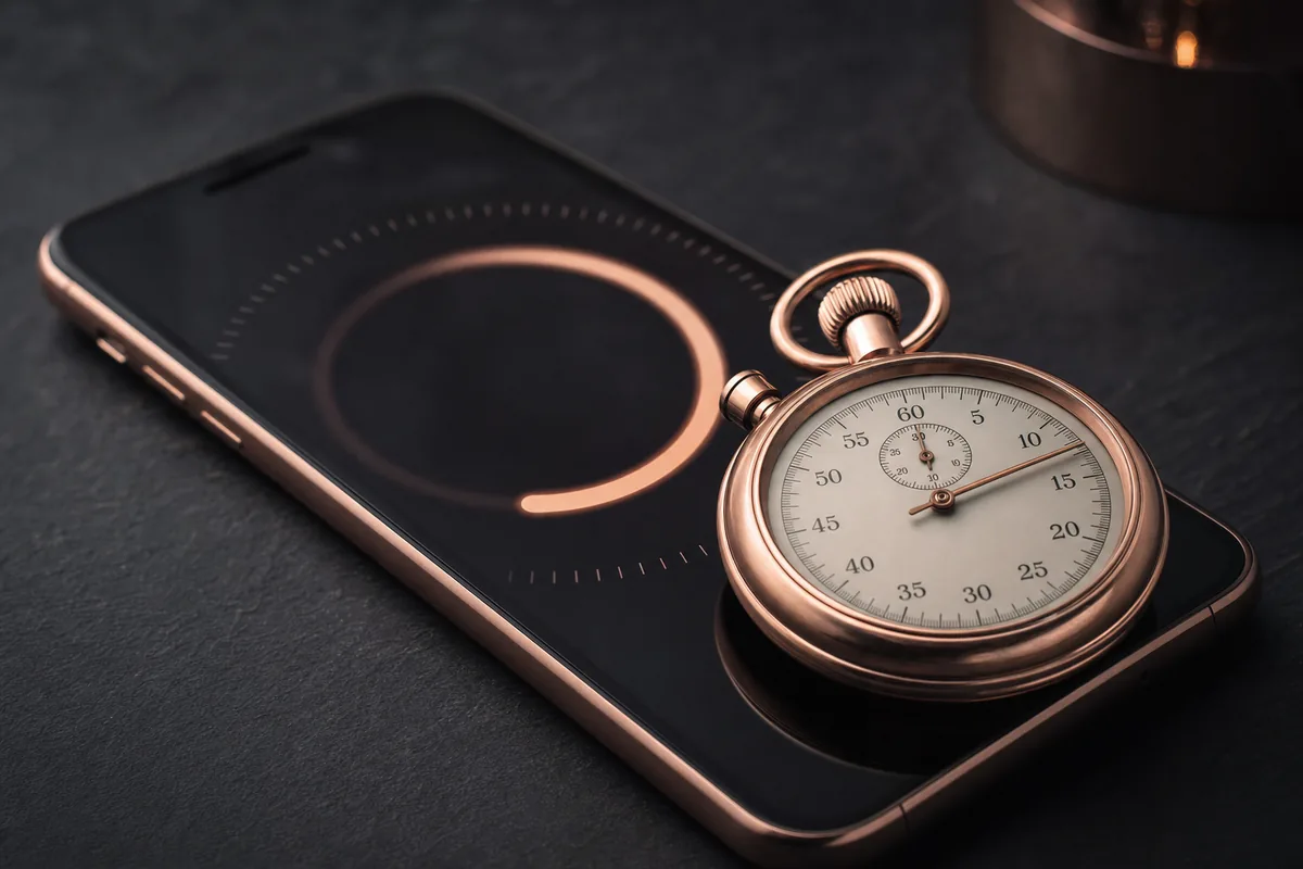 A stopwatch resting on a phone that shows a part-filled progress ring