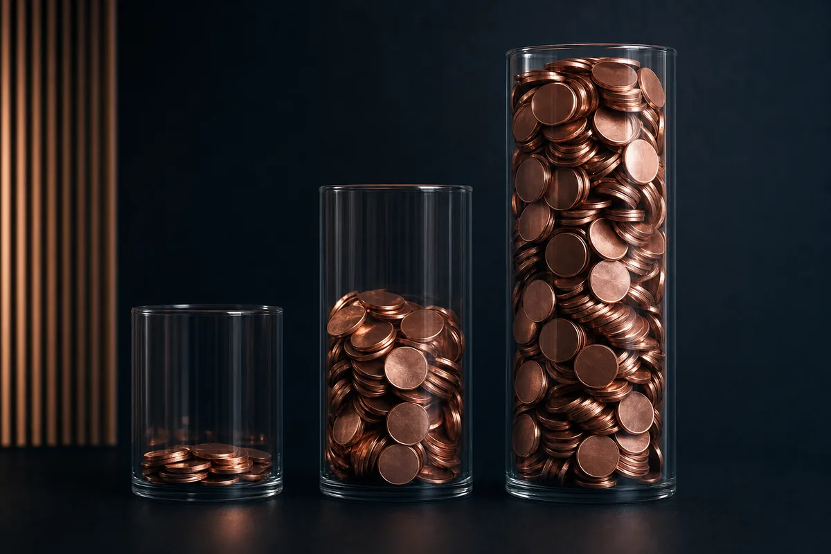 Three glass cylinders of different heights, each holding a different number of small metal discs