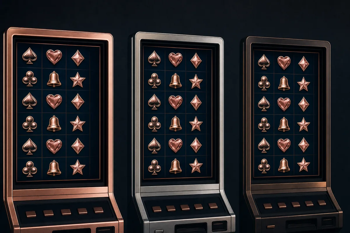 Three slot machine screens side by side showing identical games, each in a different frame