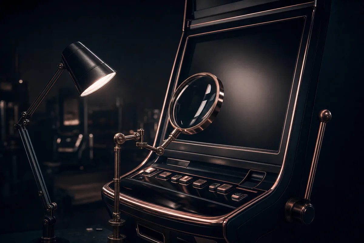 A new slot machine cabinet under an inspection lamp, with a magnifying lens in front of it