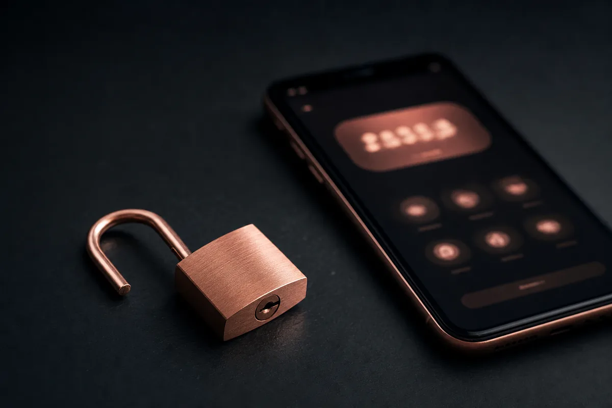 An open padlock lying beside a phone showing an account balance