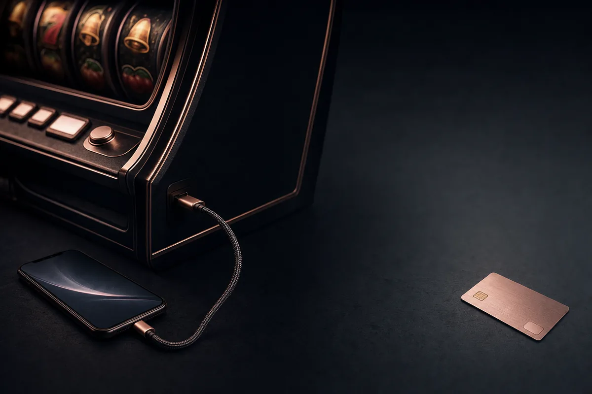 A phone cabled into a slot machine cabinet, with a bank card lying separately and unconnected