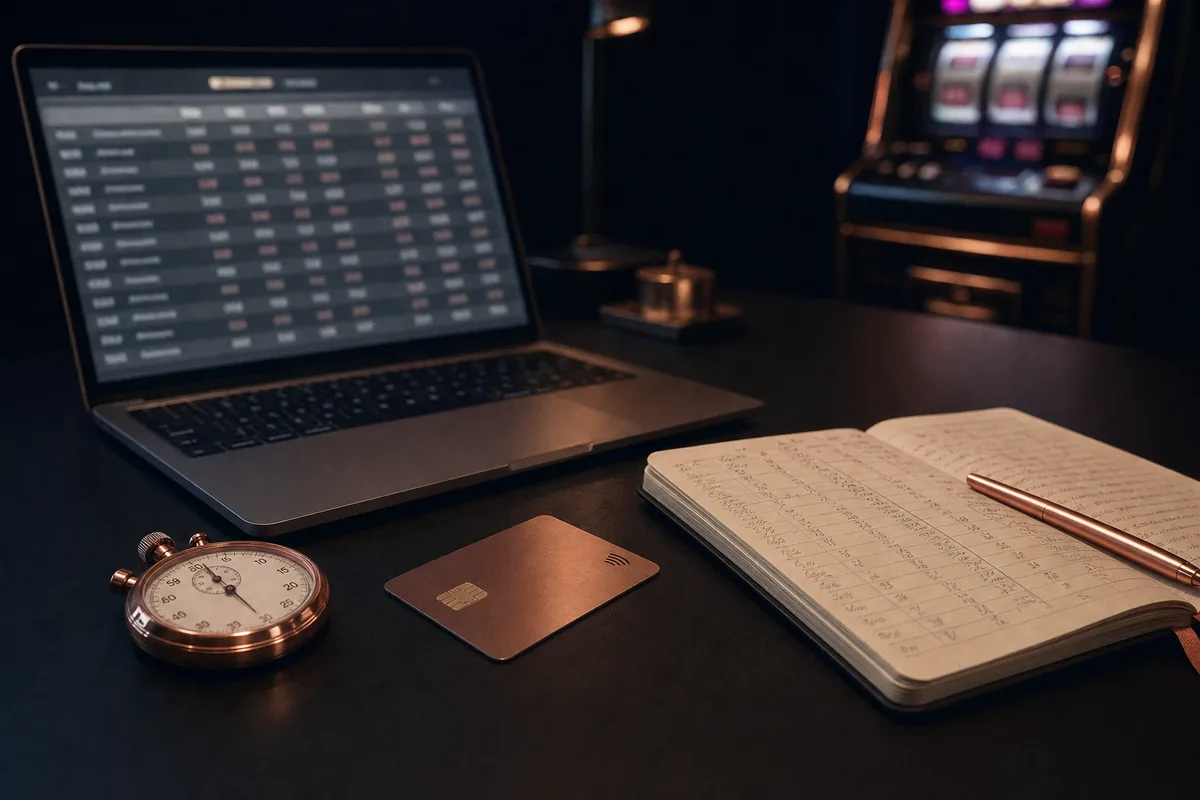 A workbench with a laptop showing a table of rows, a stopwatch, a bank card and handwritten notes